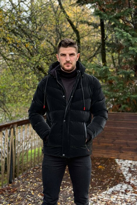 ONE COLOR FLUFFY HOODED MEN PUFFER JACKET BLACK/ E ZEZE - 3