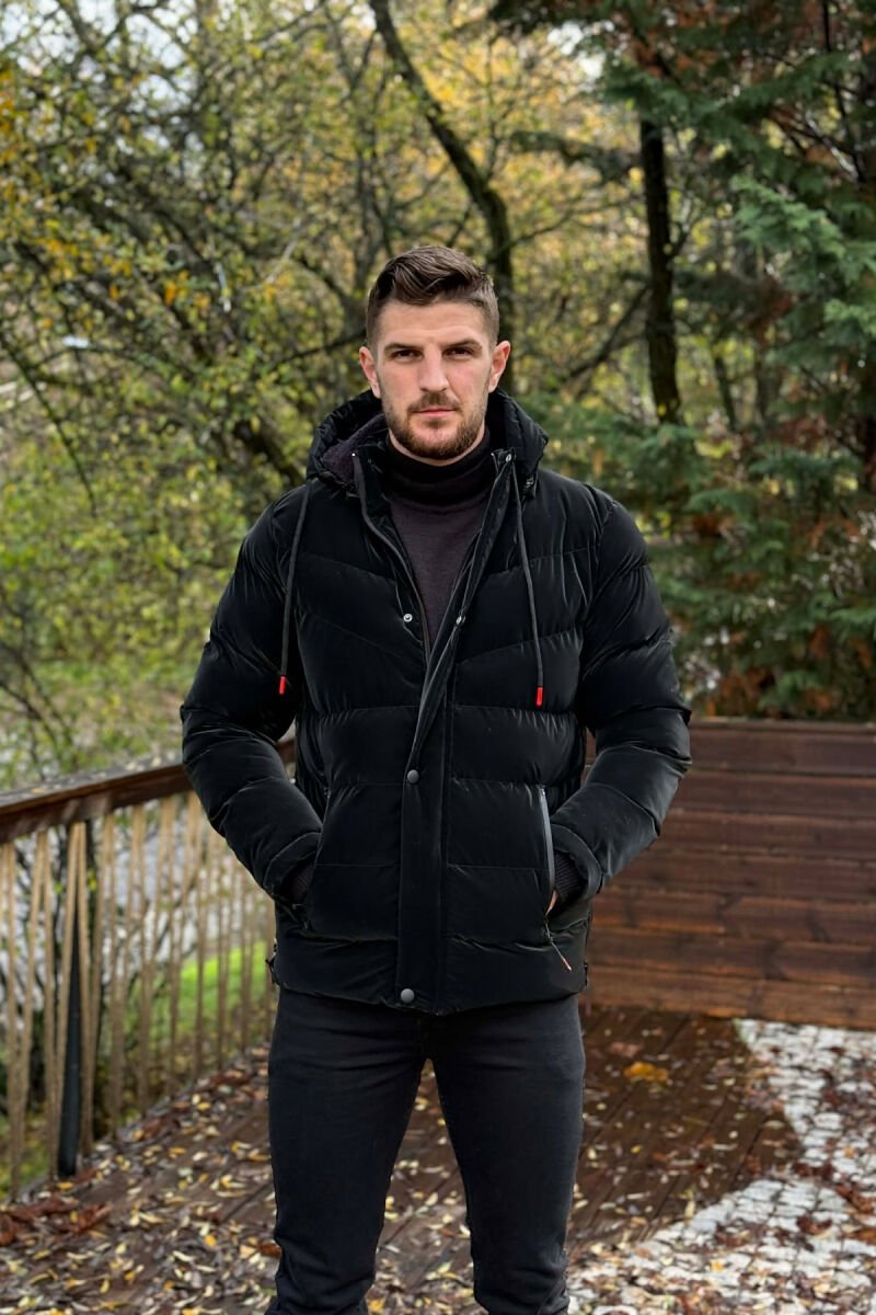 ONE COLOR FLUFFY HOODED MEN PUFFER JACKET BLACK/ E ZEZE - 3