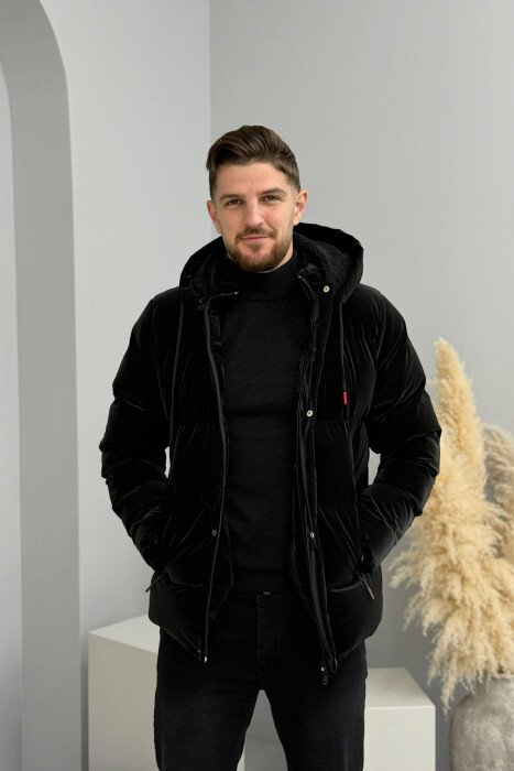 ONE COLOR FLUFFY HOODED MEN PUFFER JACKET BLACK/ E ZEZE - 5