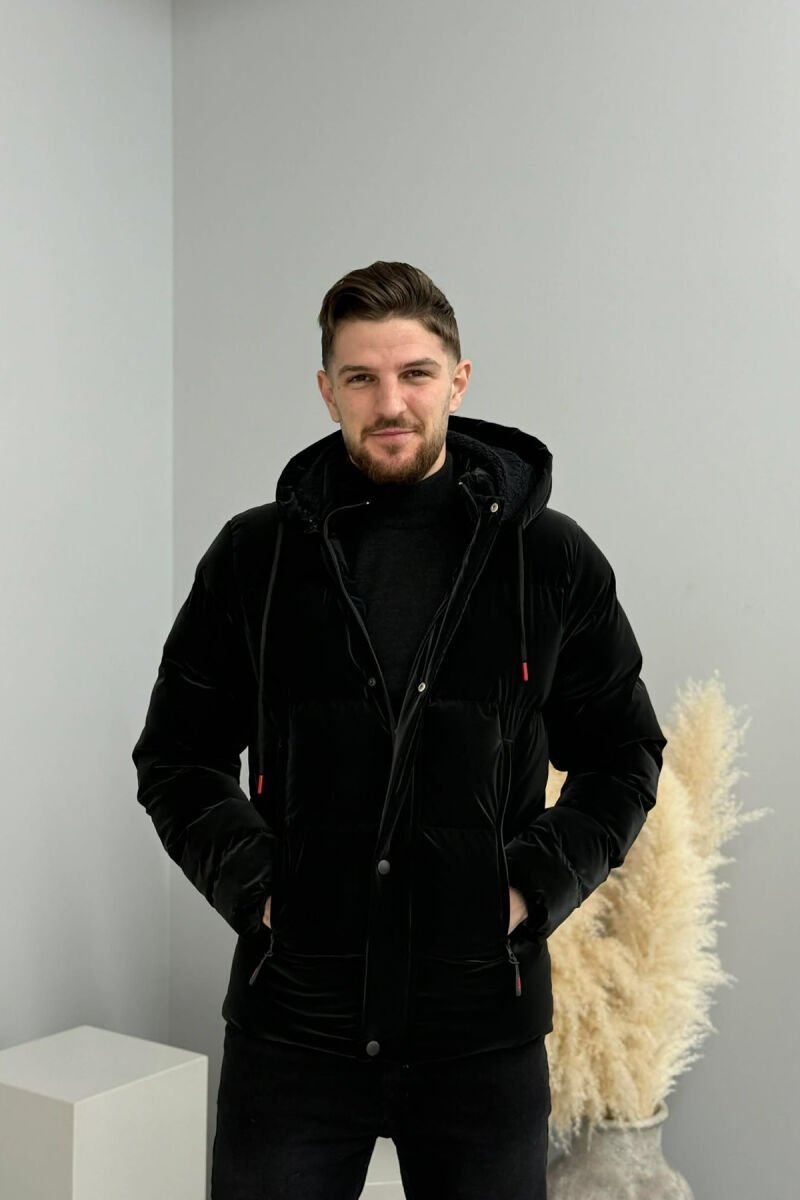 ONE COLOR FLUFFY HOODED MEN PUFFER JACKET BLACK/ E ZEZE - 6