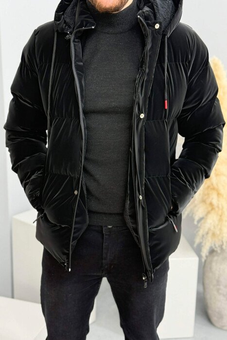ONE COLOR FLUFFY HOODED MEN PUFFER JACKET BLACK/ E ZEZE - 1