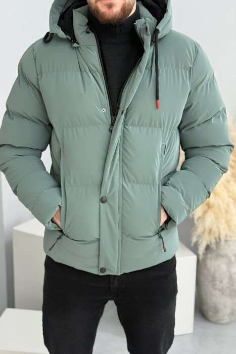 ONE COLOR FLUFFY HOODED MEN PUFFER JACKET BLUE STONE/GK - 1