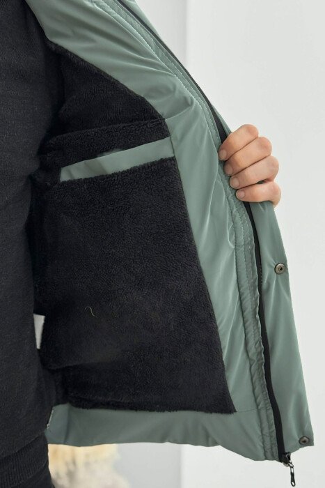ONE COLOR FLUFFY HOODED MEN PUFFER JACKET BLUE STONE/GK - 5
