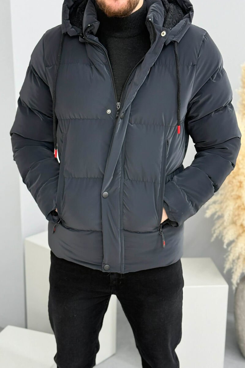 ONE COLOR FLUFFY HOODED MEN PUFFER JACKET DARK GREY/GEE - 1