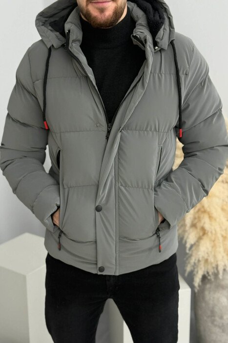 ONE COLOR FLUFFY HOODED MEN PUFFER JACKET GREY ASH/GRI HIRI - 1