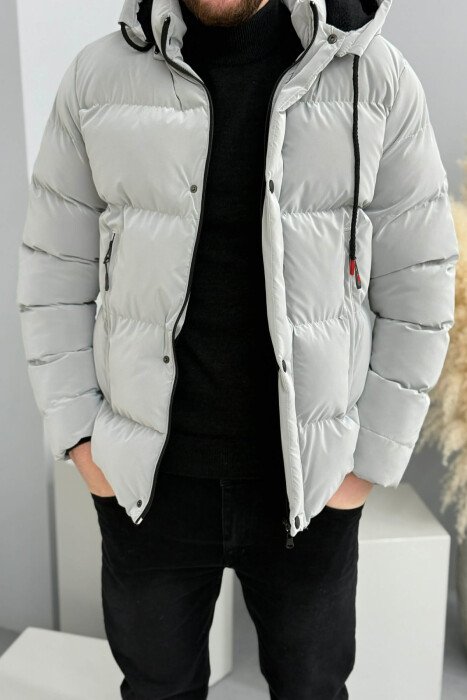 ONE COLOR FLUFFY HOODED MEN PUFFER JACKET GREY/GRI 