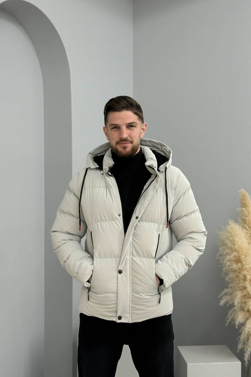 ONE COLOR FLUFFY HOODED MEN PUFFER JACKET LIGHT GREY/GZ - 3