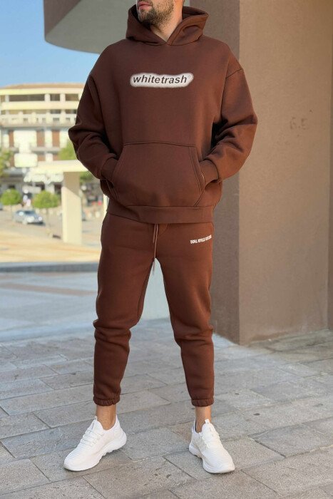 ONE COLOR FLUFFY HOODIE+JOGGERS MEN SET BROWN/KAFE - KLAUDIO FASHION