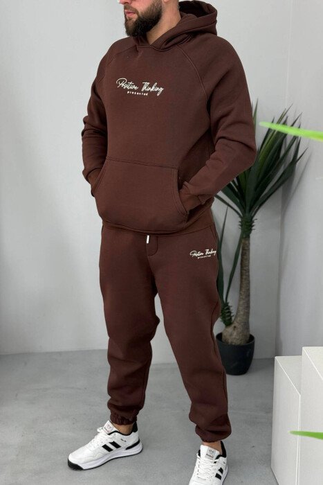 ONE COLOR FLUFFY HOODIE+JOGGERS MEN SET BROWN/KAFE - KLAUDIO FASHION