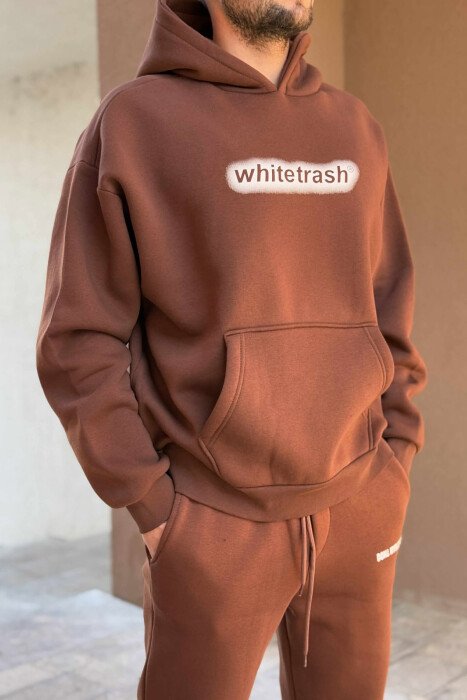 ONE COLOR FLUFFY HOODIE+JOGGERS MEN SET BROWN/KAFE - 2