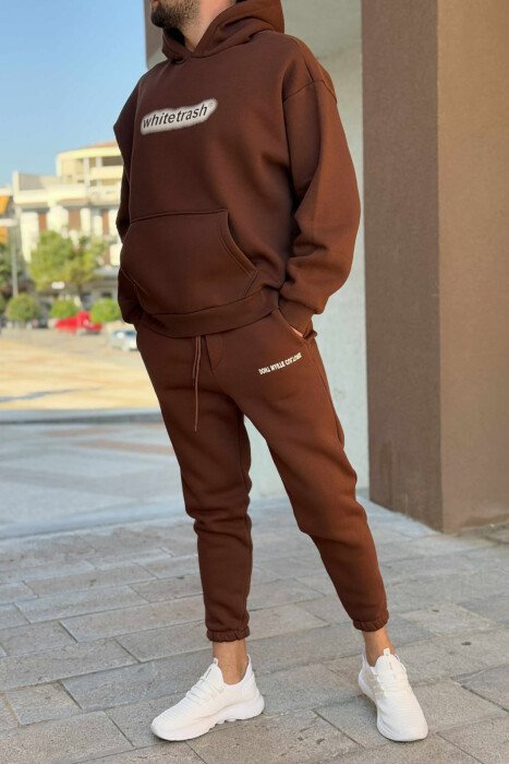 ONE COLOR FLUFFY HOODIE+JOGGERS MEN SET BROWN/KAFE - 4