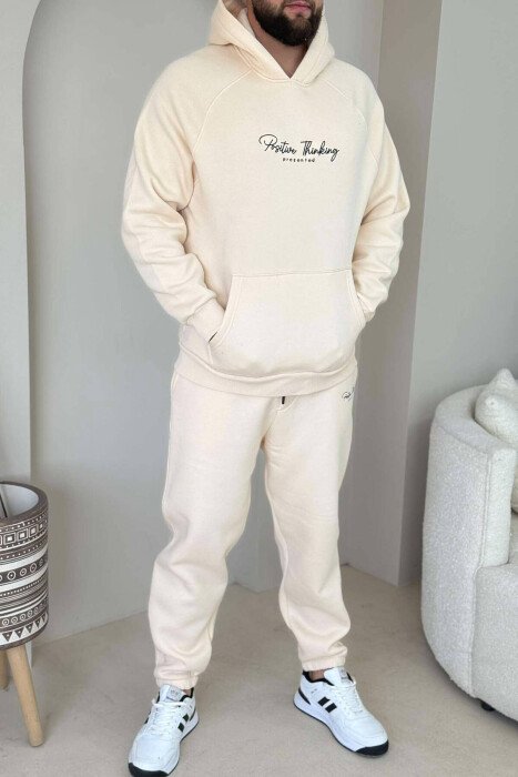 ONE COLOR FLUFFY HOODIE+JOGGERS MEN SET CREAM/KREM - KLAUDIO FASHION
