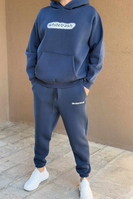 SET NJË NGJYRËSH ME PUSH HOODIE+TUTA PËR MESHKUJ NË NGJYRË BLU TË ERRËT 