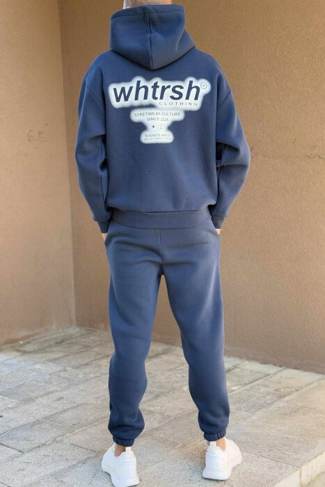 ONE COLOR FLUFFY HOODIE+JOGGERS MEN SET DARK BLUE/BEE - 5