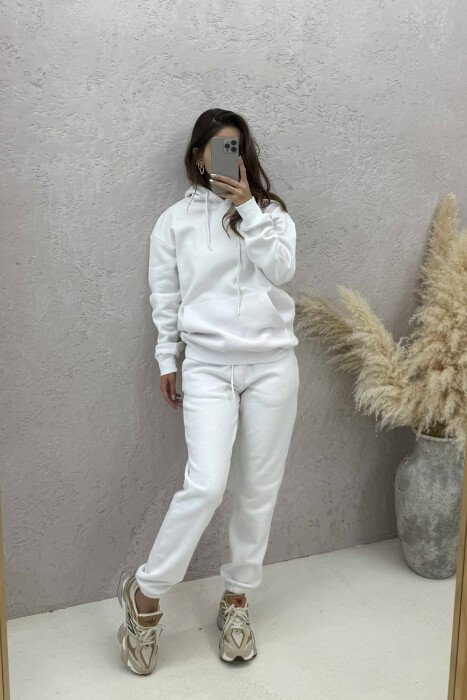 ONE COLOR FLUFFY HOODIE+JOGGERS WOMEN SET WHITE-E BARDHE - 2