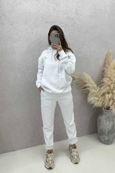 ONE COLOR FLUFFY HOODIE+JOGGERS WOMEN SET WHITE-E BARDHE 