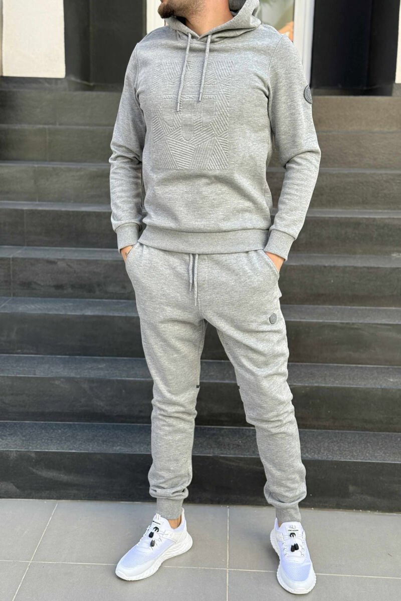 ONE COLOR FLUFFY HOODIE+SWEATPANTS MEN SET GREY/GRI - 1