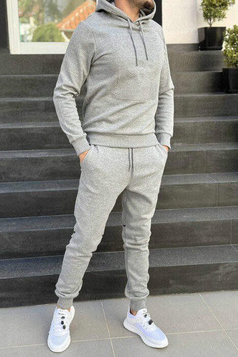 ONE COLOR FLUFFY HOODIE+SWEATPANTS MEN SET GREY/GRI - 4