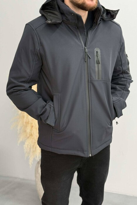 ONE COLOR FLUFFY SIDE POCKET MEN PUFFER JACKET DARK BLUE/BEE - 1