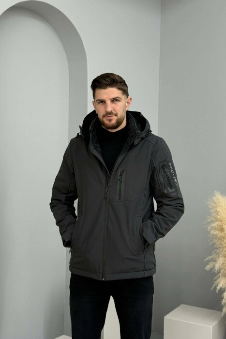 ONE COLOR FLUFFY SIDE POCKET MEN PUFFER JACKET DARK GREY/GEE - 3