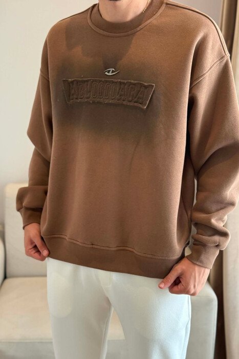 ONE COLOR FLUFFY MEN SWEATSHIRT BROWN/KAFE - 3