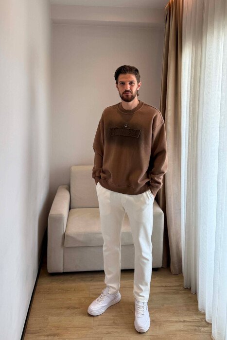 ONE COLOR FLUFFY MEN SWEATSHIRT BROWN/KAFE - 4