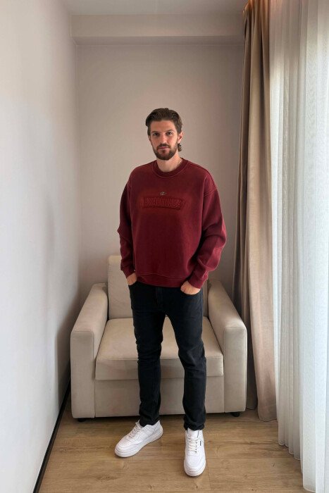 ONE COLOR FLUFFY MEN SWEATSHIRT BURGUNDY/VISHNJE - 4