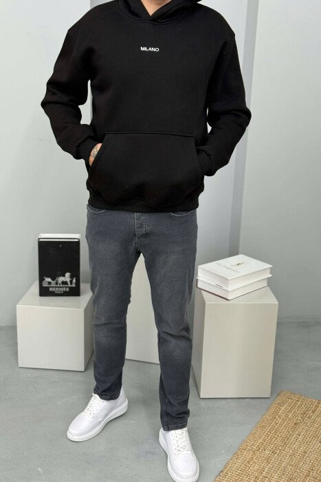 ONE COLOR FLUFFY MILANO WRITTING MEN HOODIE BLACK/ E ZEZE 