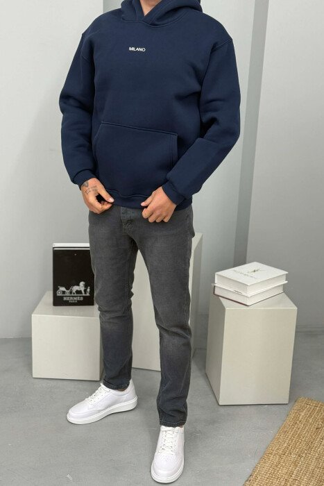 ONE COLOR FLUFFY MILANO WRITTING MEN HOODIE BLUE/BLU 
