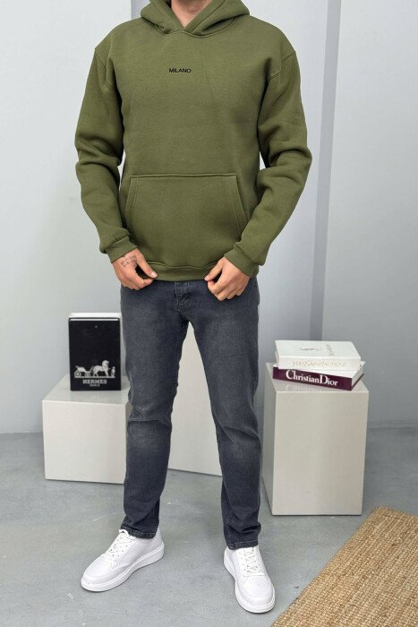 ONE COLOR FLUFFY MILANO WRITTING MEN HOODIE GREEN/JESHILE 