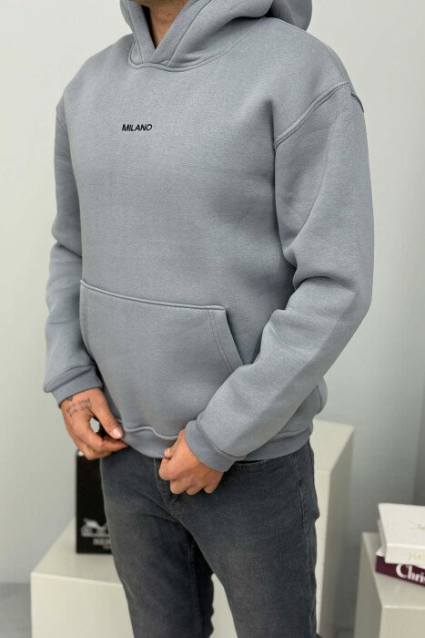 ONE COLOR FLUFFY MILANO WRITTING MEN HOODIE GREY ASH/GRI HIRI - 3