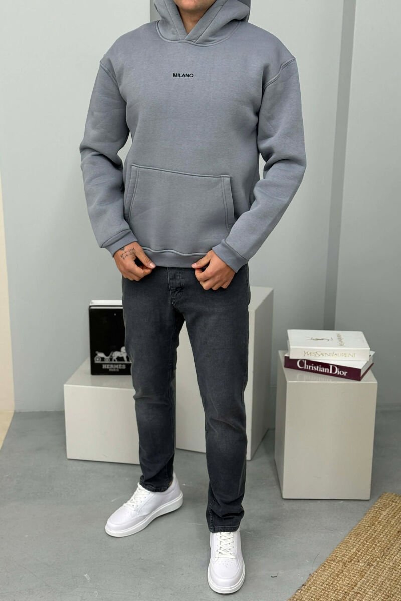 ONE COLOR FLUFFY MILANO WRITTING MEN HOODIE GREY ASH/GRI HIRI - 1