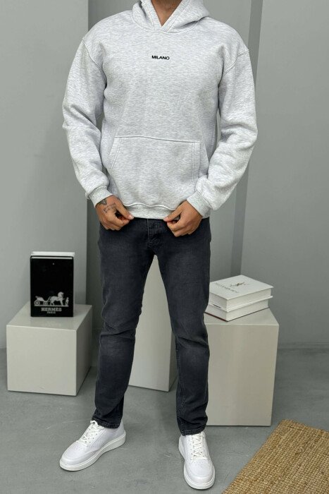 ONE COLOR FLUFFY MILANO WRITTING MEN HOODIE LIGHT GREY/GZ - 1