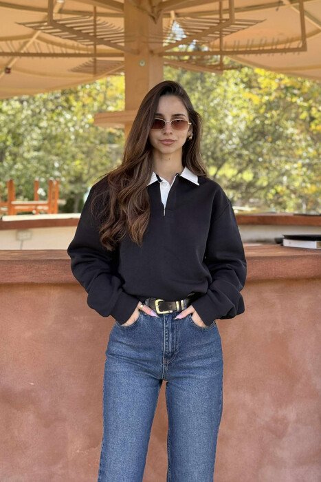 ONE COLOR FLUFFY POLO NECK WOMEN SWEATSHIRT BLACK/ E ZEZE - 1