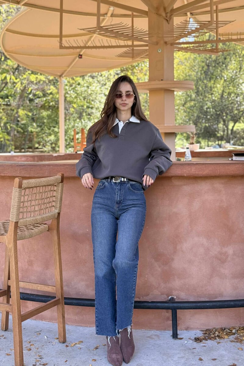 ONE COLOR FLUFFY POLO NECK WOMEN SWEATSHIRT DARK GREY/GEE - 1