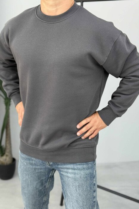 ONE COLOR FLUFFY ROUND NECK MEN SWEATSHIRT DARK GREY/GEE - 1