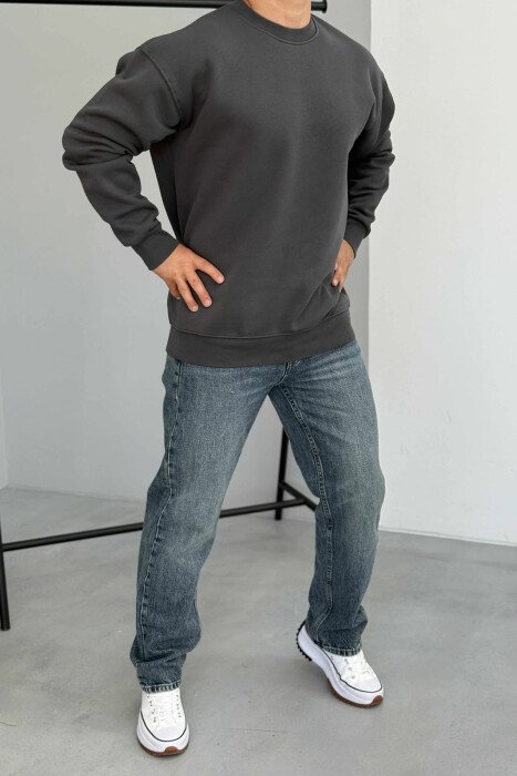 ONE COLOR FLUFFY ROUND NECK MEN SWEATSHIRT DARK GREY/GEE - 2