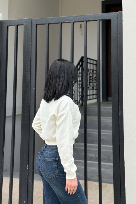 ONE COLOR FLUFFY ROUND NECK WOMAN SWEATSHIRT CREAM/KREM - 3
