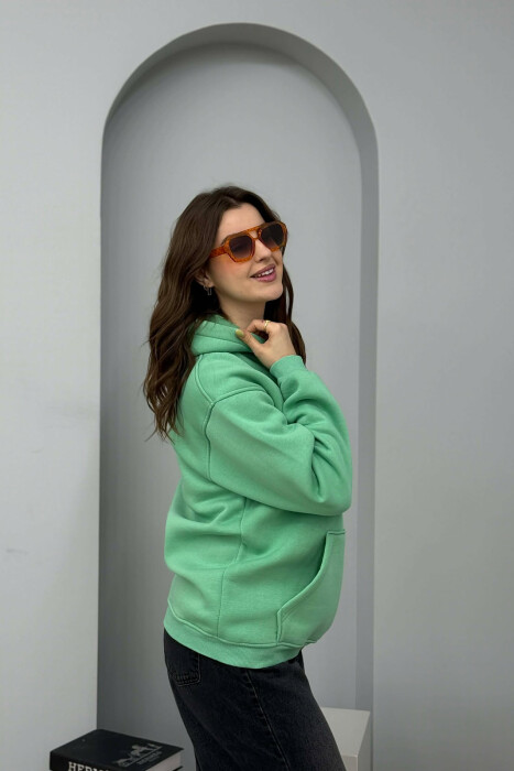 ONE COLOR FLUFFY SIMPLE FRONT WRITTING WOMEN HOODIE MINT/MENTE - 2