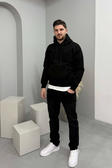ONE COLOR FLUFFY SIMPLE MEN HOODIE BLACK/ E ZEZE - 2
