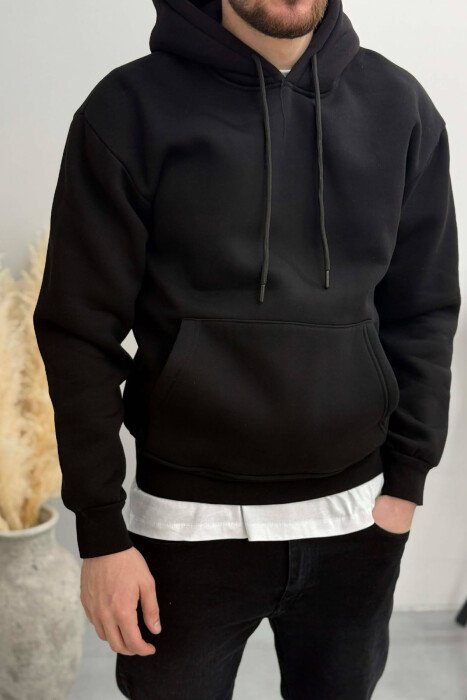 ONE COLOR FLUFFY SIMPLE MEN HOODIE BLACK/ E ZEZE - 1