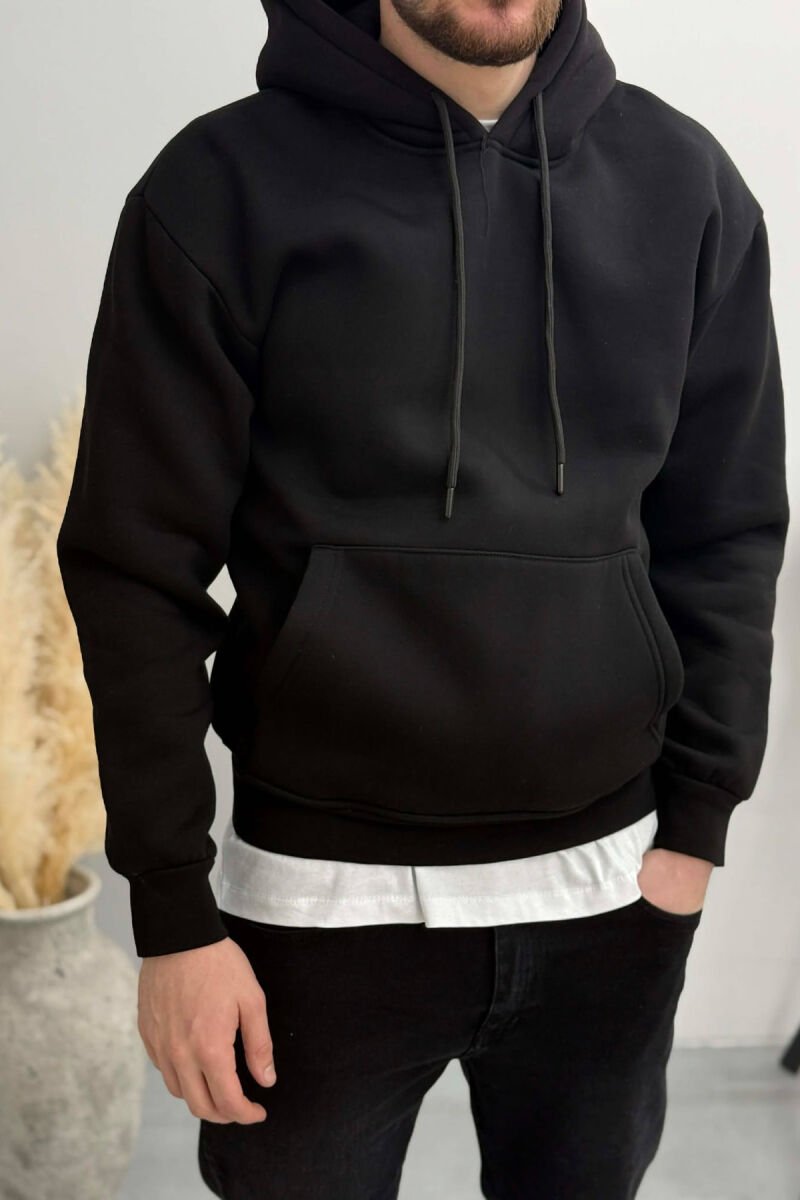 ONE COLOR FLUFFY SIMPLE MEN HOODIE BLACK/ E ZEZE - 1