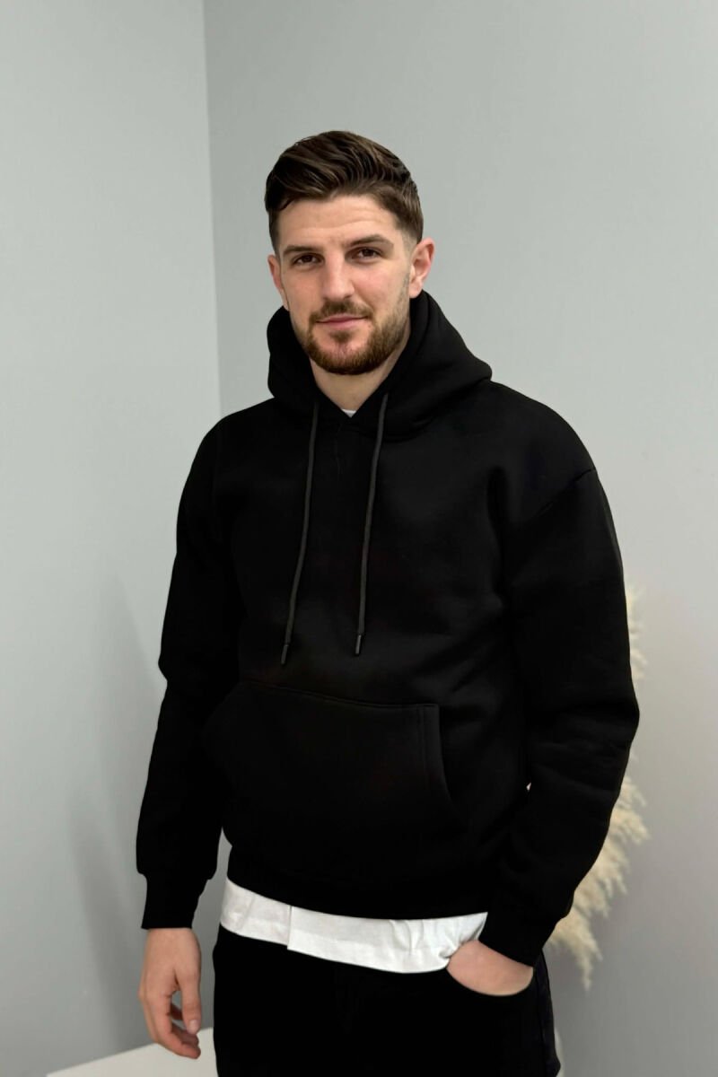 ONE COLOR FLUFFY SIMPLE MEN HOODIE BLACK/ E ZEZE - 3