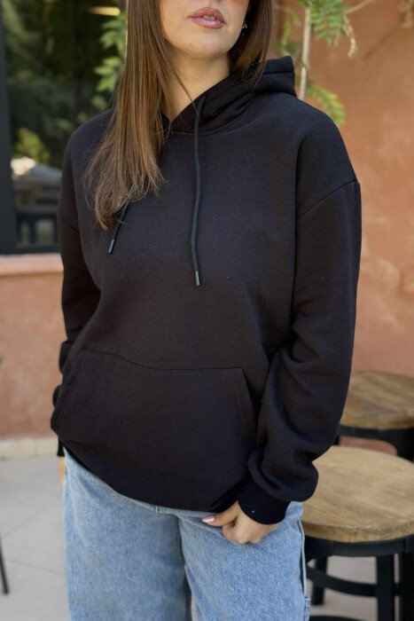 ONE COLOR FLUFFY SIMPLE WOMEN HOODIE BLACK/ E ZEZE - 4