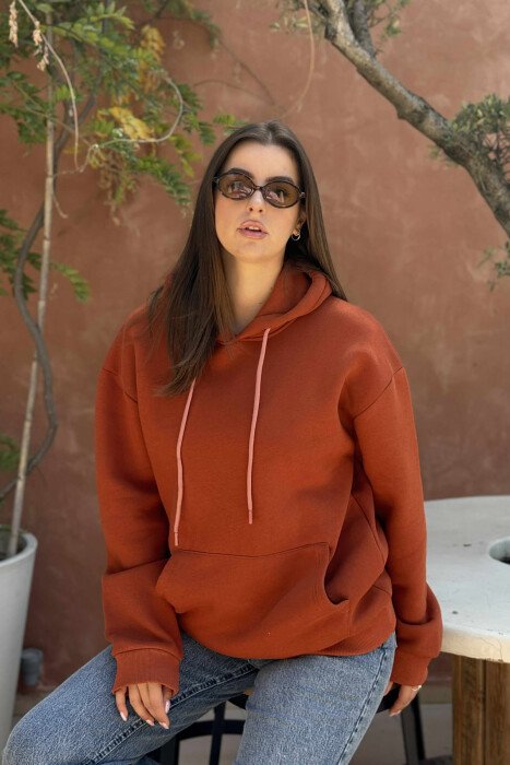 ONE COLOR FLUFFY SIMPLE WOMEN HOODIE BROWN/KAFE - 2