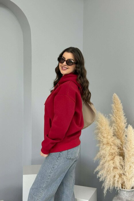 ONE COLOR FLUFFY SIMPLE WOMEN HOODIE BURGUNDY/VISHNJE - 2