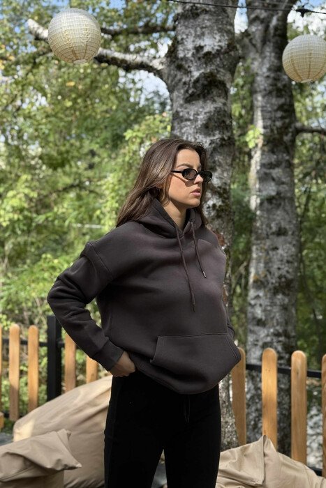 ONE COLOR FLUFFY SIMPLE WOMEN HOODIE GREY ASH/GRI HIRI - 1