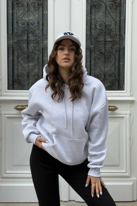 ONE COLOR FLUFFY SIMPLE WOMEN HOODIE LIGHT GREY/GZ 