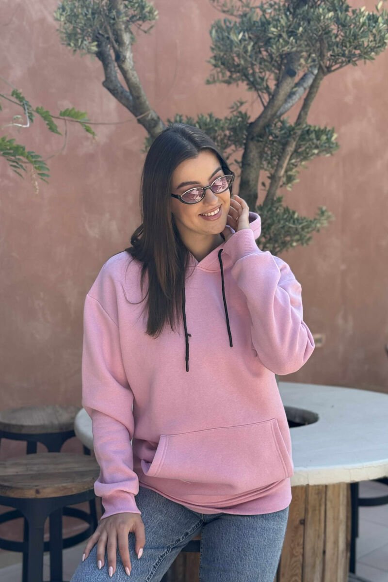 ONE COLOR FLUFFY SIMPLE WOMEN HOODIE PINK/ROZE - 2