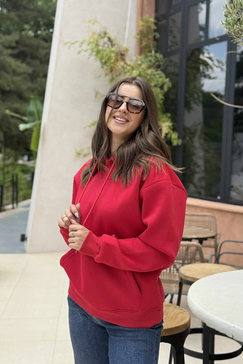 ONE COLOR FLUFFY SIMPLE WOMEN HOODIE RED/E KUQE - 2